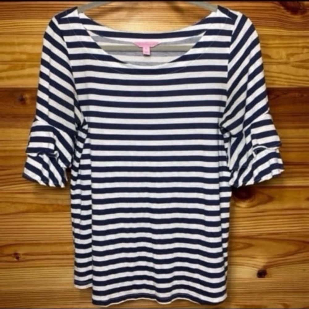 Lilly pulitzer navy and white striped ruffle flair sleeve top medium